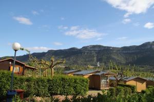 a row of houses with mountains in the background at Montsant Park Camping & Bungalow in Ulldemolins