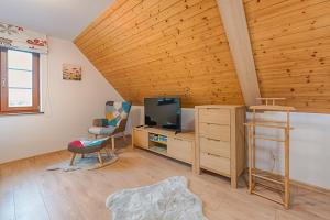 een woonkamer met een tv en een houten plafond bij Valašský dvůr in Velké Karlovice