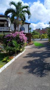 a street with flowers and a palm tree and a house at Tranquility Hideaway in Mandeville