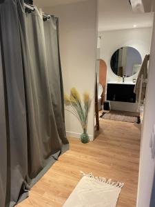 une salle de bain avec un rideau de douche et un lavabo dans l'établissement Chambre privative, à Auch