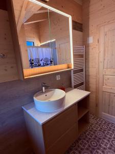een badkamer met een wastafel en een spiegel bij Staubbachbänkli in Wengen +25 foto's