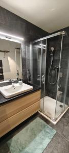 a bathroom with a sink and a shower at Apartmán Nest Brčálník in Železná Ruda