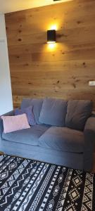 a blue couch in a room with a wooden wall at Apartmán Nest Brčálník in Železná Ruda