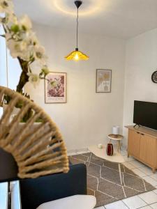 een woonkamer met een stoel en een televisie bij Le Studio 3, Calme & Cosy à 2 Pas de Stanislas in Nancy +6 foto's