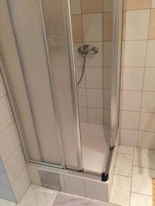 une douche avec une porte vitrée dans une salle de bain dans l'établissement Apartment Plavo Sidro, à Vir 49 autres photos