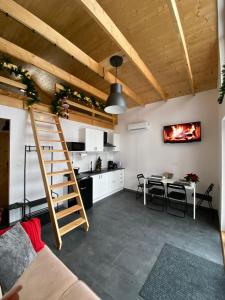 een woonkamer met een ladder en een tafel en een keuken bij Physio House Sokolik in Komarno