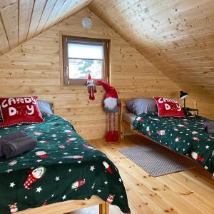 een slaapkamer met twee bedden in een blokhut bij Physio House Sokolik in Komarno +4 foto's
