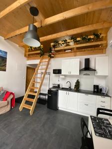 een keuken met witte kasten en een houten plafond bij Physio House Sokolik in Komarno