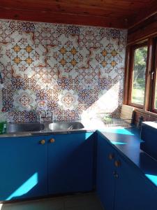 een keuken met blauwe kastjes en behang met bloemen bij Jungle Cabin Leisure Bay in Port Edward