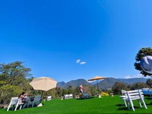 un groupe de chaises et de parasols sur une pelouse dans l'établissement The Moon Rabbit Resort Pai, à Pai