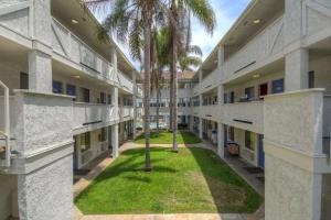 丘拉維斯塔的住宿－圣迭戈-丘拉維斯塔6號汽車旅館，一座空旷的庭院,里面种有棕榈树