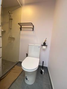 een badkamer met een wit toilet in een kamer bij Albany house in Motungarara