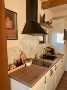 een keuken met een wastafel en een zwarte kap bij The White House in Şirnea