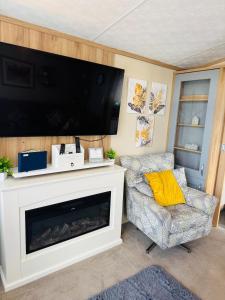 a living room with a fireplace and a flat screen tv at Princess's Palace, Holiday Lodge, Malvern View Leisure Park in Stanford Bishop