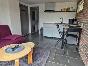 a living room with a table and a kitchen at Le Loft Des Cigognes in Barr