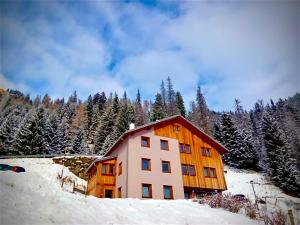 een huis in de sneeuw met bomen op de achtergrond bij Chalet Sole delle Dolomiti in Varda