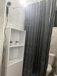 een badkamer met een douchegordijn naast een toilet bij Old Tbilisi in Tbilisi City