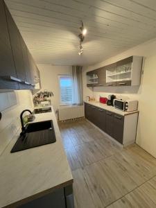 een keuken met een spoelbak en een aanrechtblad bij FeWo Renken in Trassenheide