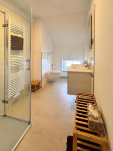 un bagno con doccia, lavandino e WC di Ferienwohnungen Reutergut a Eibenstock Altre 28 foto