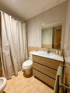 une salle de bains avec lavabo, toilettes et miroir dans l'établissement El Pasaje Apartamento, à Oviedo
