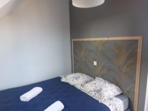 een slaapkamer met een blauw bed met 2 witte kussens bij L'Eclose - Les Korrigans in Le Guilvinec +19 foto's