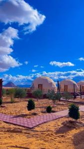 a group of domes in the middle of the desert at Ajyad Rum Camp in Wadi Rum