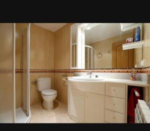 une salle de bains avec toilettes, lavabo et miroir dans l'établissement Montería C8, à San Leonardo de Yagüe 38 autres photos