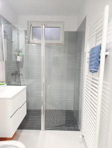 a bathroom with a shower with a glass door at Apartament Karina in Baia Mare +7 photos