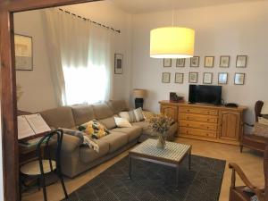 ein Wohnzimmer mit Sofa und Fernseher in der Unterkunft Casa San Rafael, magnífico chalet con gran jardín in Navajas