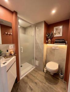 een badkamer met een toilet en een douche bij Bois Émeraude in Aix-les-Bains