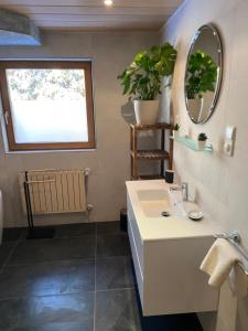 a bathroom with a sink and a mirror at Krumm und Schief Appartments in Brunau +38 photos