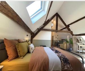 ein Schlafzimmer mit einem großen Bett im Dachgeschoss in der Unterkunft Le petit jardin du Coudray in Étréchy + 12 Fotos