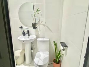 een badkamer met een wastafel, een toilet en een spiegel bij Apartment in Accra in Accra +7 foto's