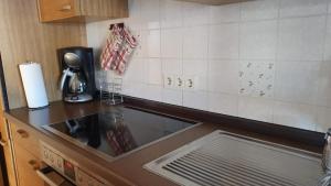 een keuken met een spoelbak en een koffiezetapparaat bij FeWo Steckenbergblick/Gästecard in Unterammergau +7 foto's