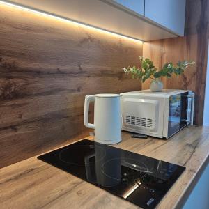 a kitchen counter with a microwave and a toaster oven at Глинки 1комн in Semey