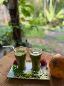 twee glazen groen sap zittend op een tafel bij Waters meet surf villa in Weligama