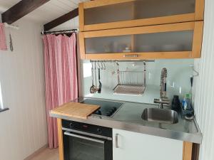 een kleine keuken met een spoelbak en een fornuis bij Ferienhaus Bärenloch in Hilders +8 foto's