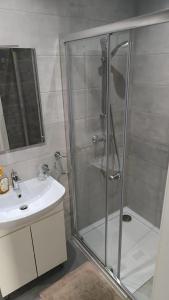 een badkamer met een douche en een wastafel bij Large Terrace with Valletta Views in Il-Gżira
