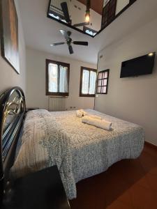 een slaapkamer met een bed en een plafondventilator bij City Flowers in Rovigo