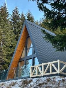 een huis met een driehoekig dak en een houten brug bij Tara mountain house Kopaonik in Kopaonik +29 foto's