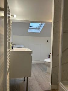 een badkamer met een wastafel en een toilet met een dakraam bij Le Naval - Confort Familial in Saint-Nazaire