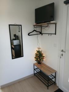 ein Wohnzimmer mit einem TV und einem Tisch mit einem Weihnachtsbaum in der Unterkunft Chambre d'hôtes in La Lande