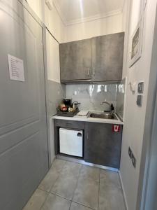 een kleine keuken met een spoelbak en een fornuis bij The Cozy Cine-Hub in Serres