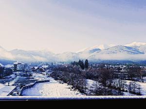 een besneeuwde stad met bergen op de achtergrond bij Mountainview Apartment Ski, Spa & Thermal in Bansko