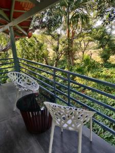 two white chairs sitting on a porch with a tree at Golden Valley Abode in Siddapur