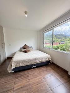 ein Schlafzimmer mit einem Bett und einem großen Fenster in der Unterkunft Quiet Haven Terrace with BBQ Hammock in Vilcabamba