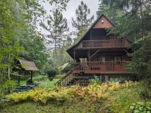 een blokhut met een terras in het bos bij Dowcień in Burdeniszki