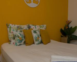 een bed met vier kussens en een klok aan de muur bij Kampagn Jacuzzi - Rémire Wifi et climatisation in Bourda