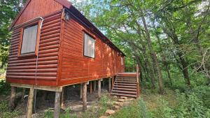 a wooden cabin in the woods with a staircase at Cabaña Natural Del Bosque in Victoria