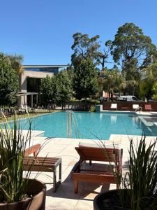a large swimming pool with two benches and plants at Altos De Merlo Suites in Merlo